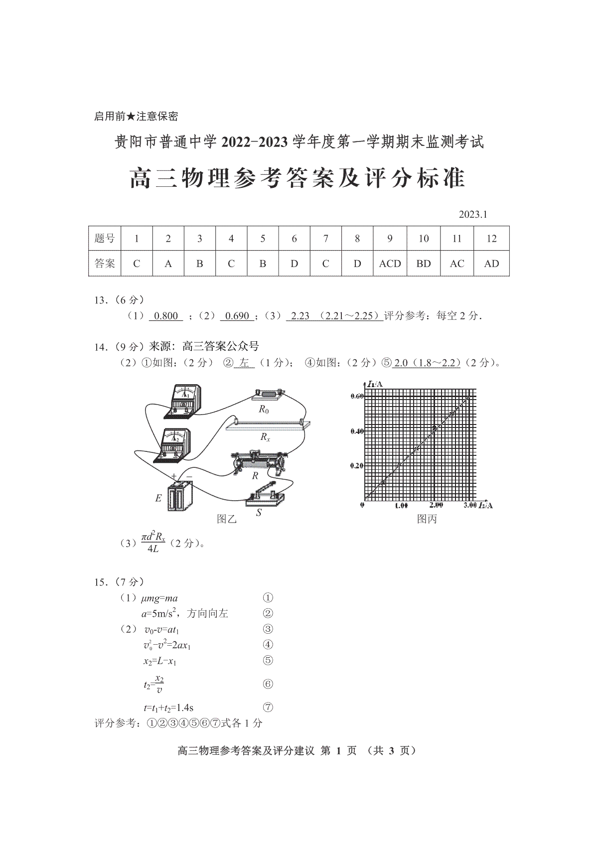 贵阳市普通中学 2022-2023 学年度第一学期期末监测考试试卷高三地物理答案