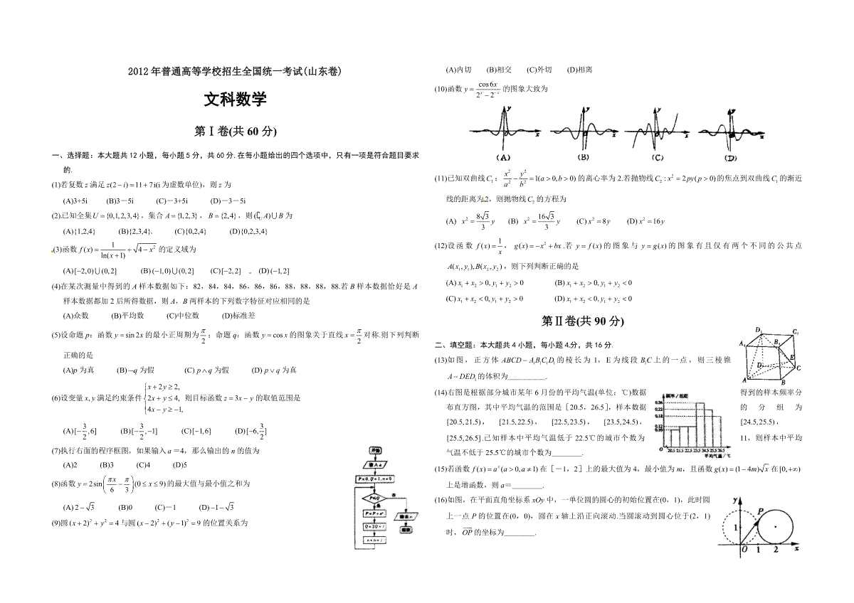 2012年高考真题数学【文】(山东卷)（原卷版)