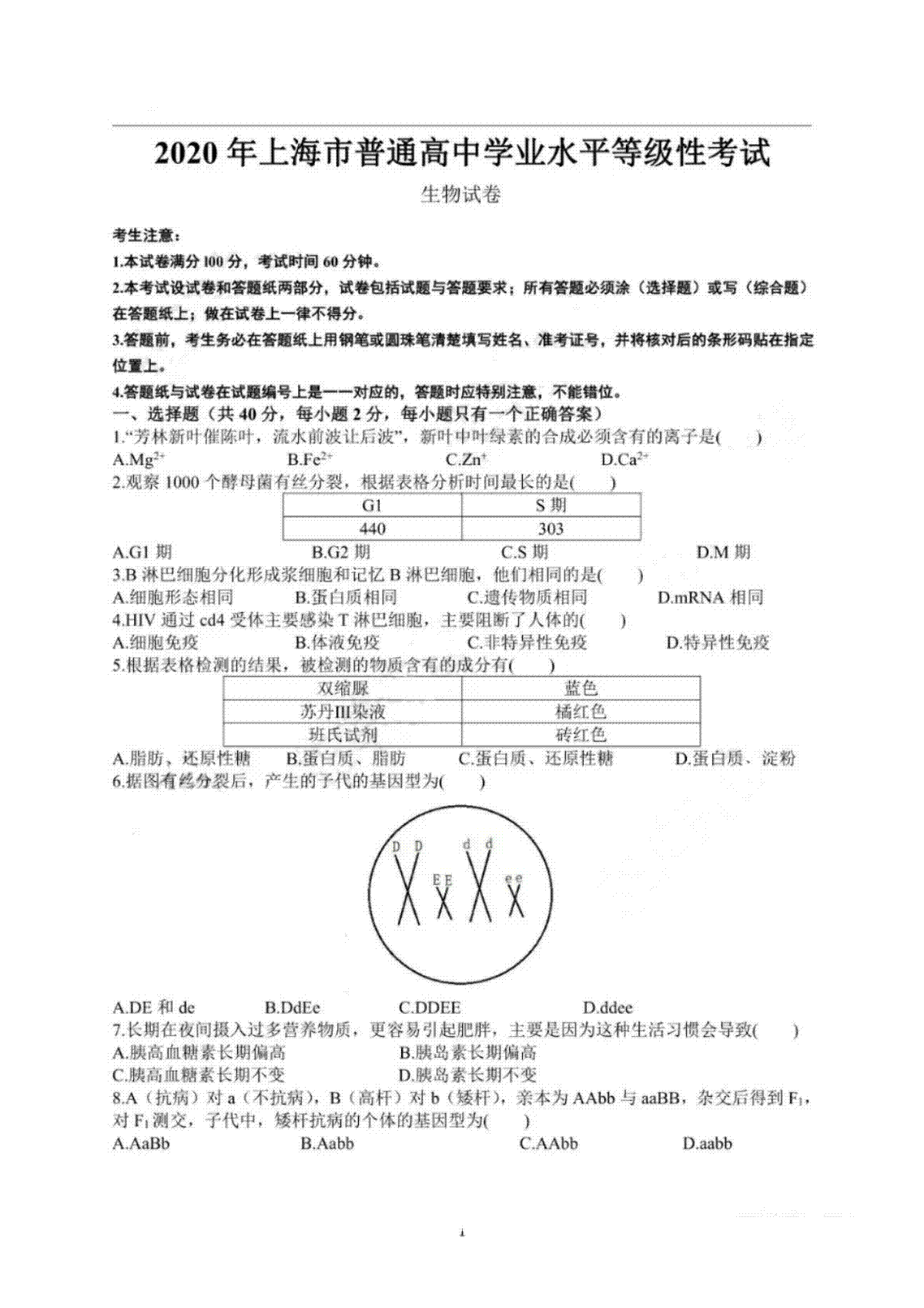 2020年上海市普通高中学业水平等级性考试生物试卷（pdf，有答案）
