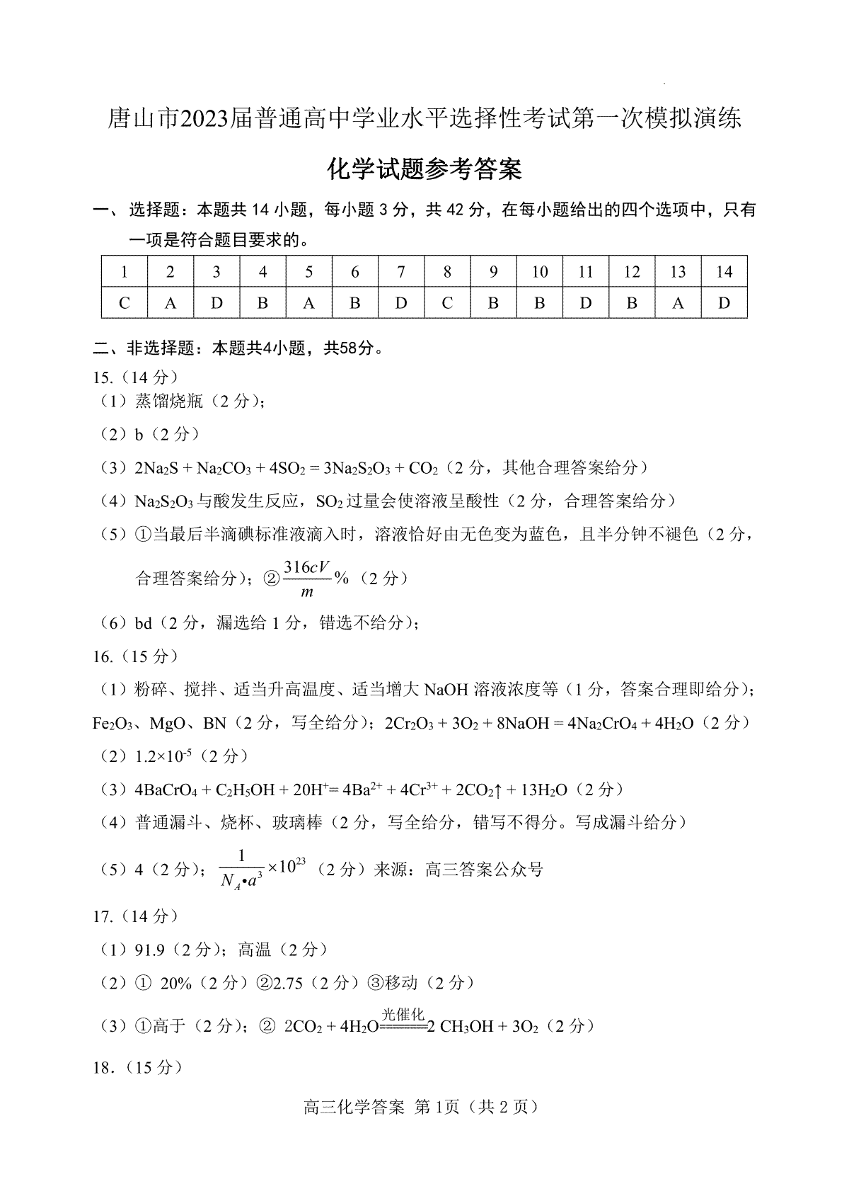 河北省唐山市2023届高三一模化学参考答案