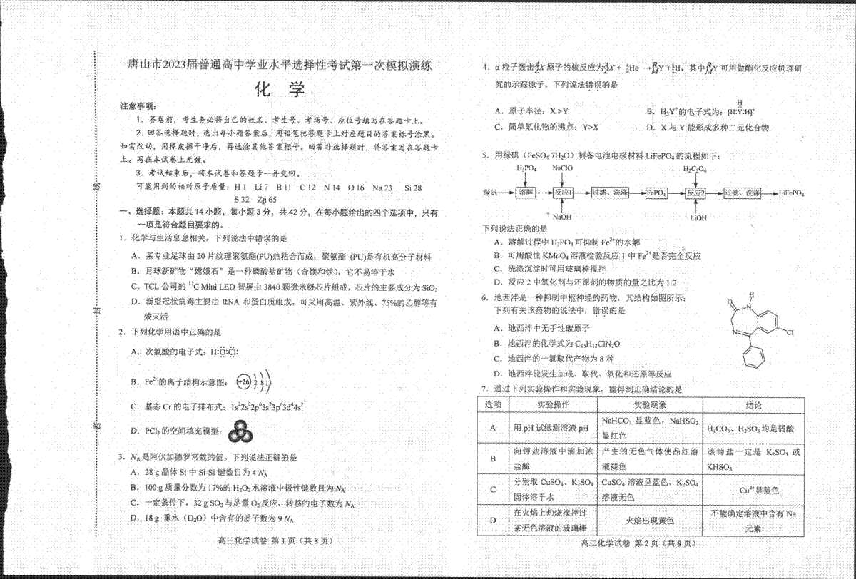 河北省唐山市2023届高三一模化学试题