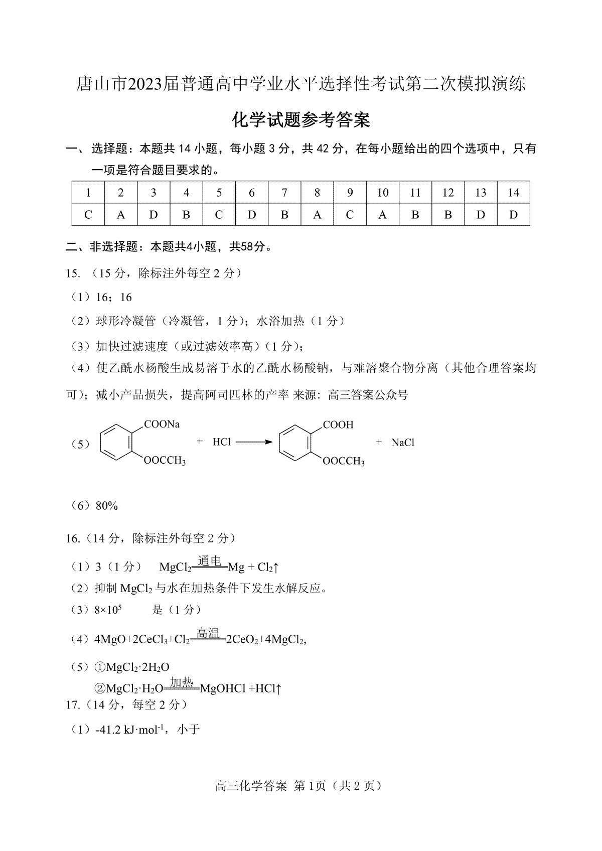 唐山市2023年普通高中学业水平选择性考试第二次模拟演练化学参考答案