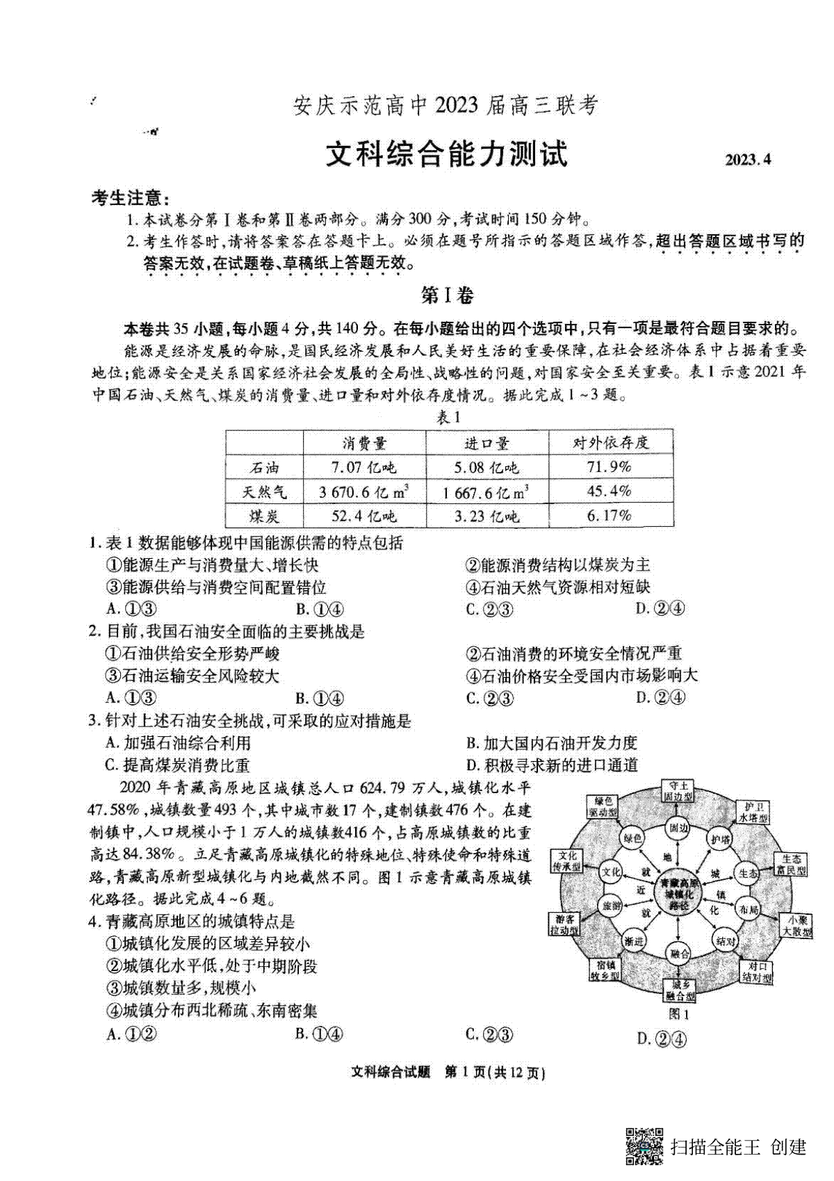 安徽省安庆示范高中2023届高三下学期4月联考文科综合试卷