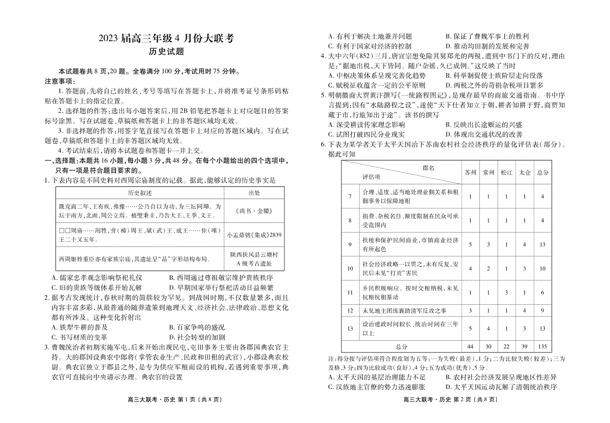 2023届高三年级4月份大联考历史正文