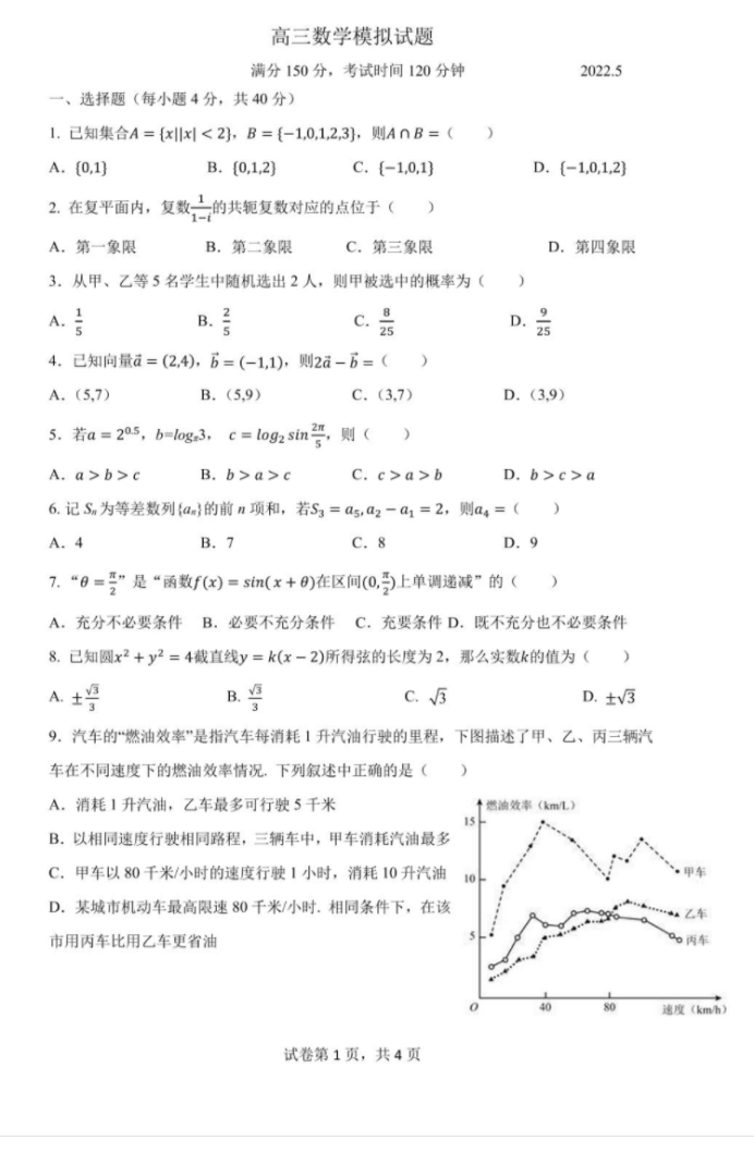 北京外国语大学附属中学高考数学模拟试题