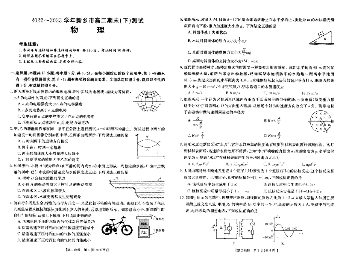 2022-2023下学期新乡市高二期末物理试卷