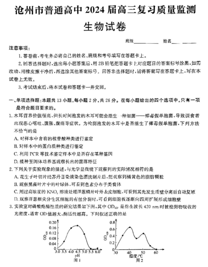 河北沧州2024高三上学期10月联考生物试题及答案解析