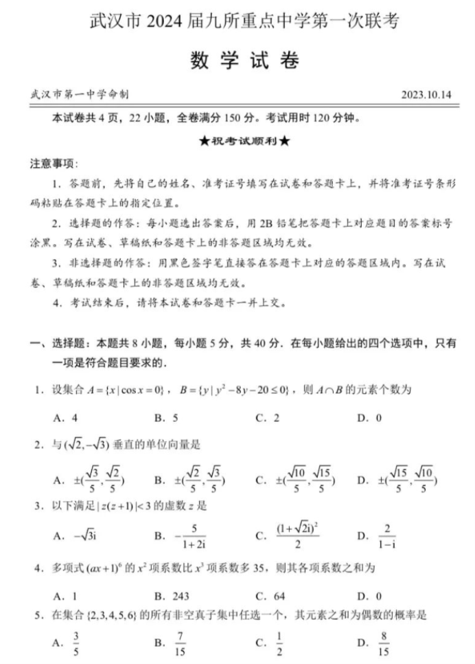 武汉九所重点中学2024高三第一次联考数学试题及答案解析
