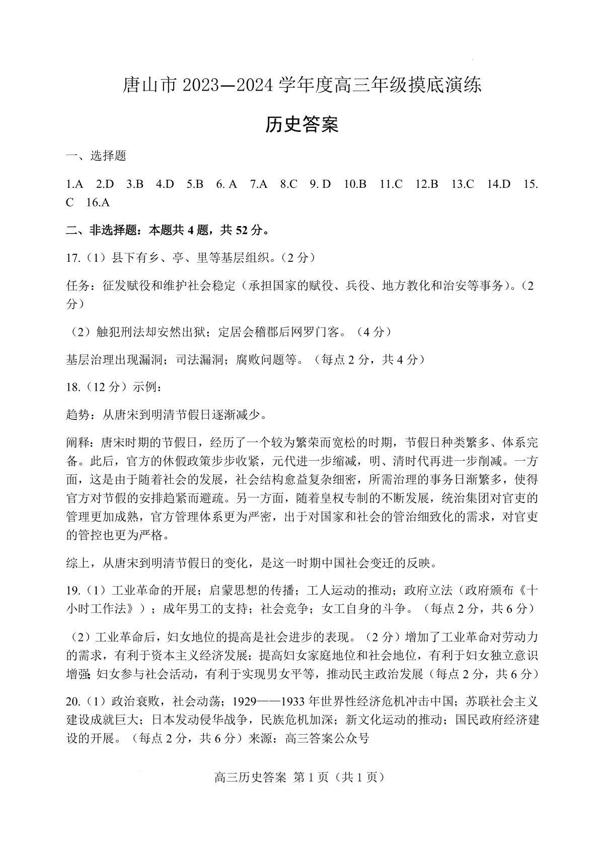 河北省唐山市2023-2024学年高三摸底历史答案