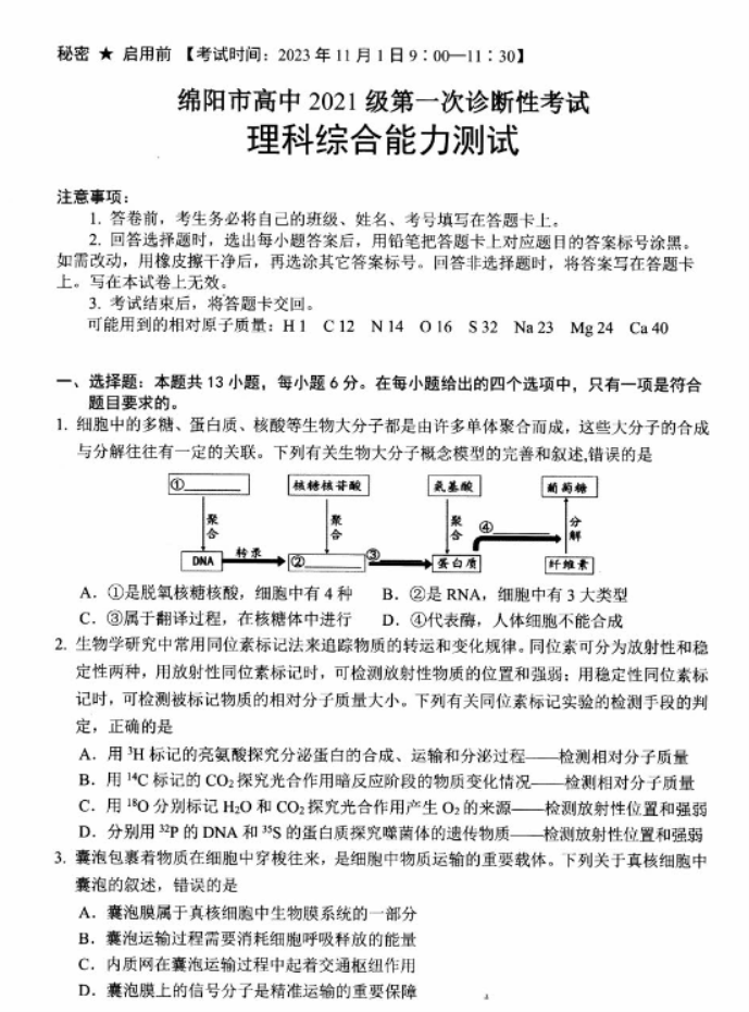 四川绵阳2024高三10月一诊考试理综试题及答案解析