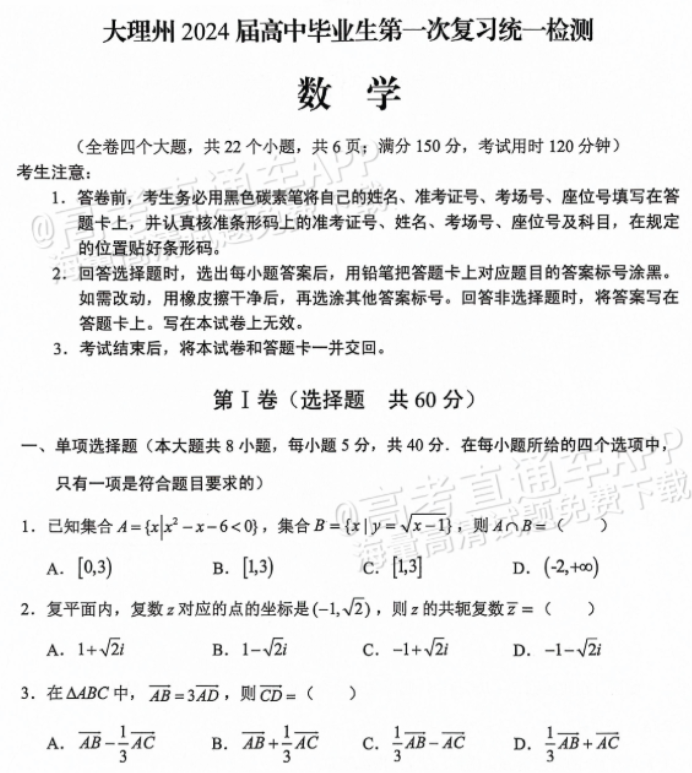 云南大理2024高三第一次复习统一检测数学试题及答案解析