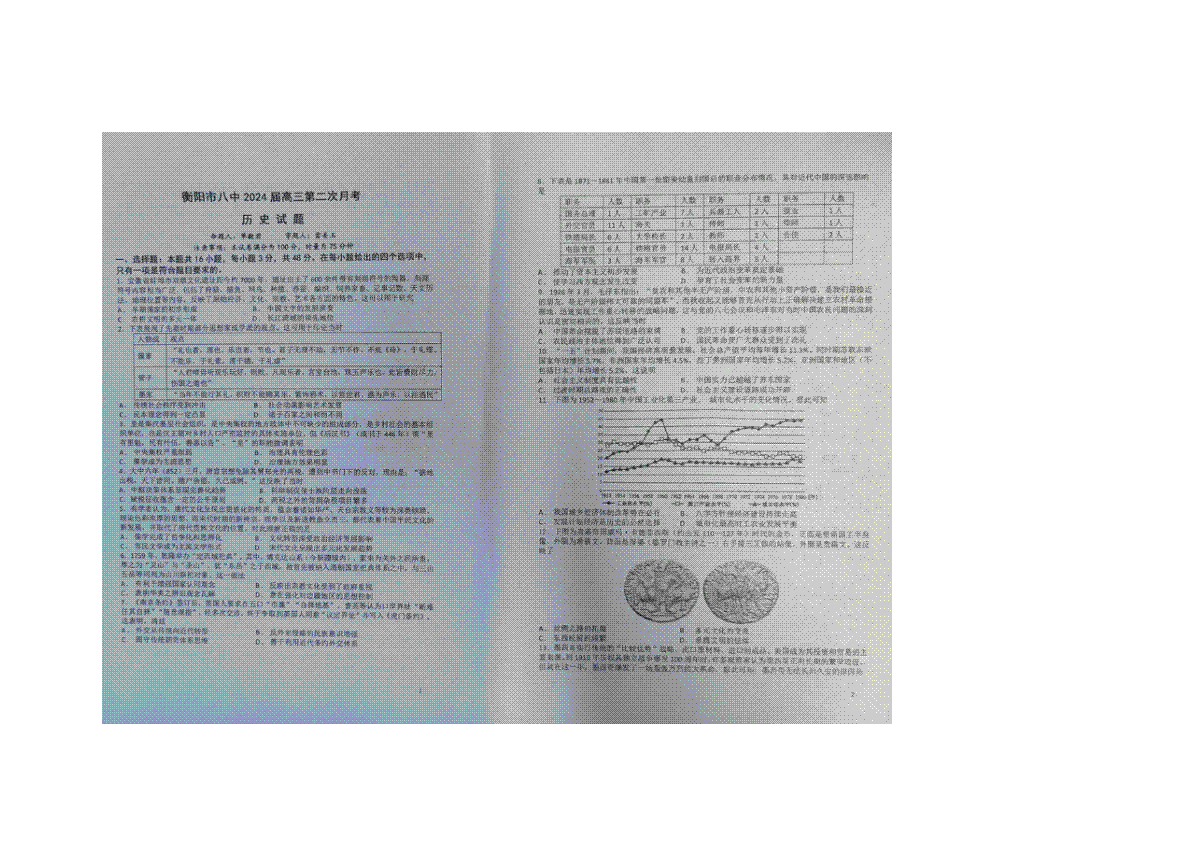 湖南省衡阳市第八中学2024届高三上学期10月第二次月考历史
