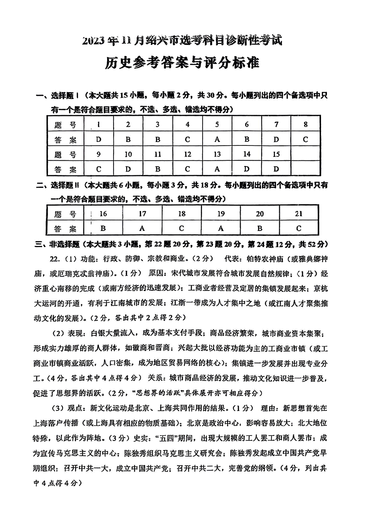 浙江省绍兴市2023-2024学年高三上学期11月选考科目诊断性考试 历史答案