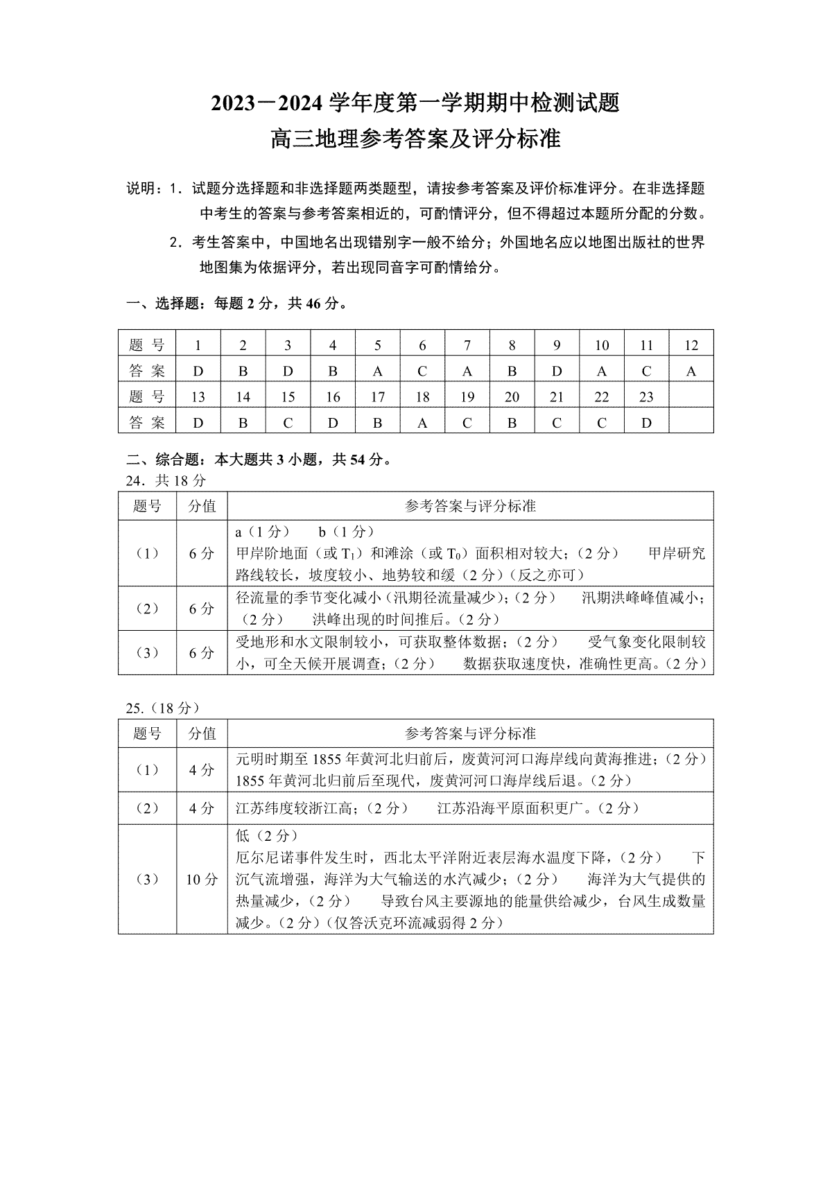 江苏省扬州市2023-2024学年高三上学期11月期中地理期中检测答案