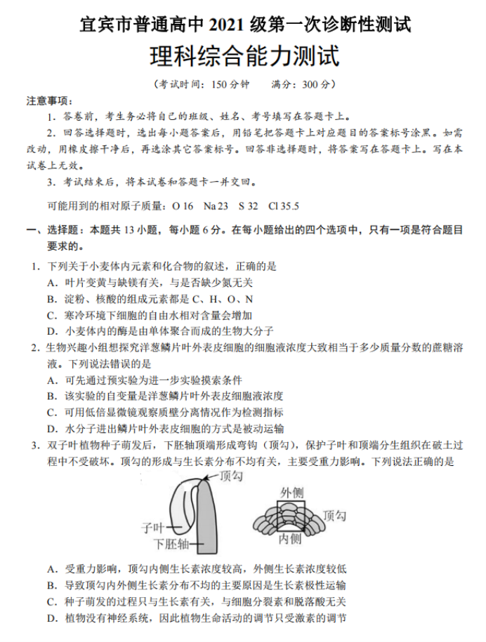 四川宜宾市2024高三第一次诊断性测试理综试题及答案解析