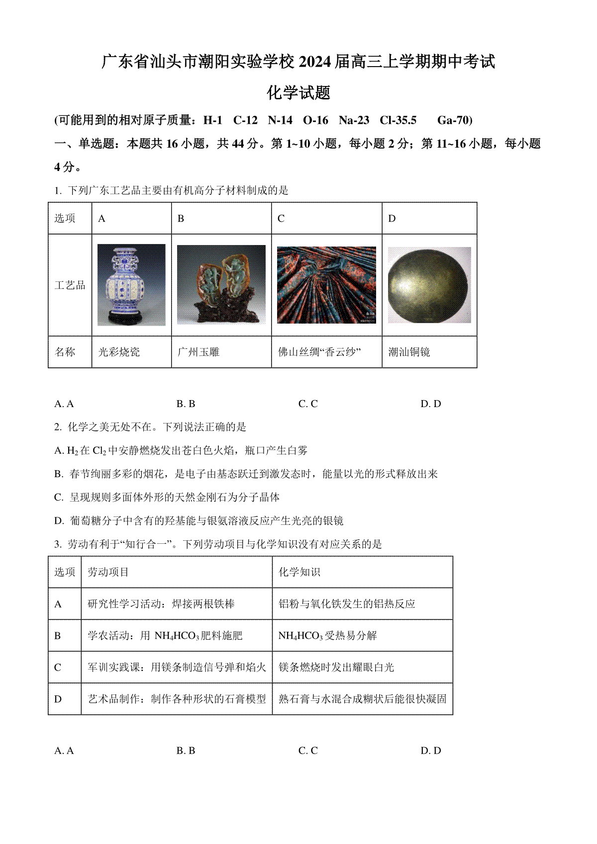 精品解析：广东省汕头市潮阳实验学校2024届高三上学期期中考试化学试题（原卷版）