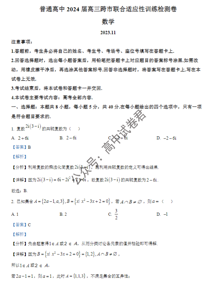 广西四市2024高三跨市联合适应性检测数学试题及答案解析