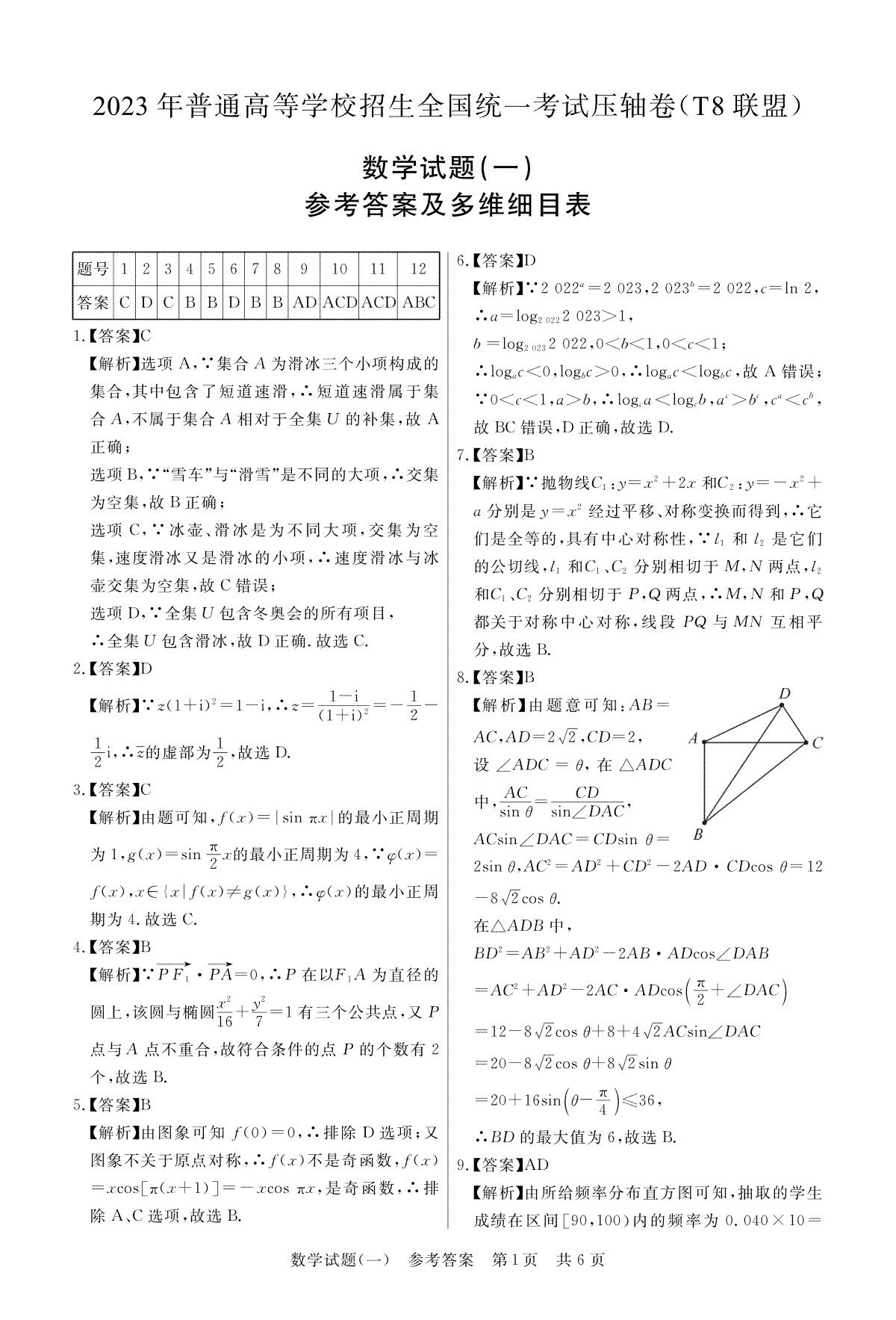 T8联盟2023年普通高中学业水平选择性考试压轴卷（华师一附中命题）数学答案