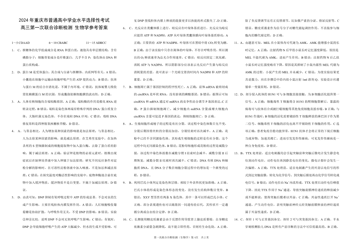 2024重庆市普通高等学校招生高三第一次联合诊断检测（康德卷）生物参考答案
