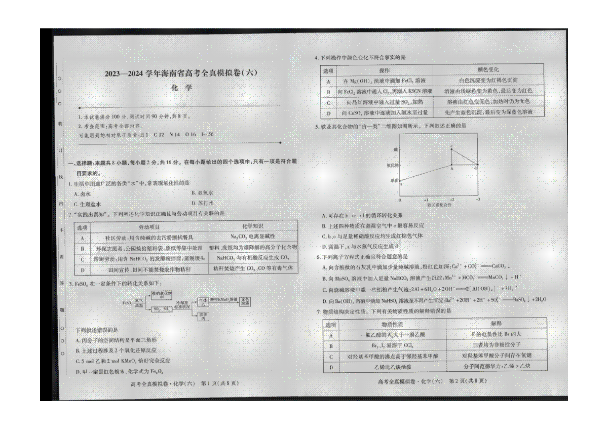 海南省天一2023-2024学年高三高考全真模拟卷（六）化学