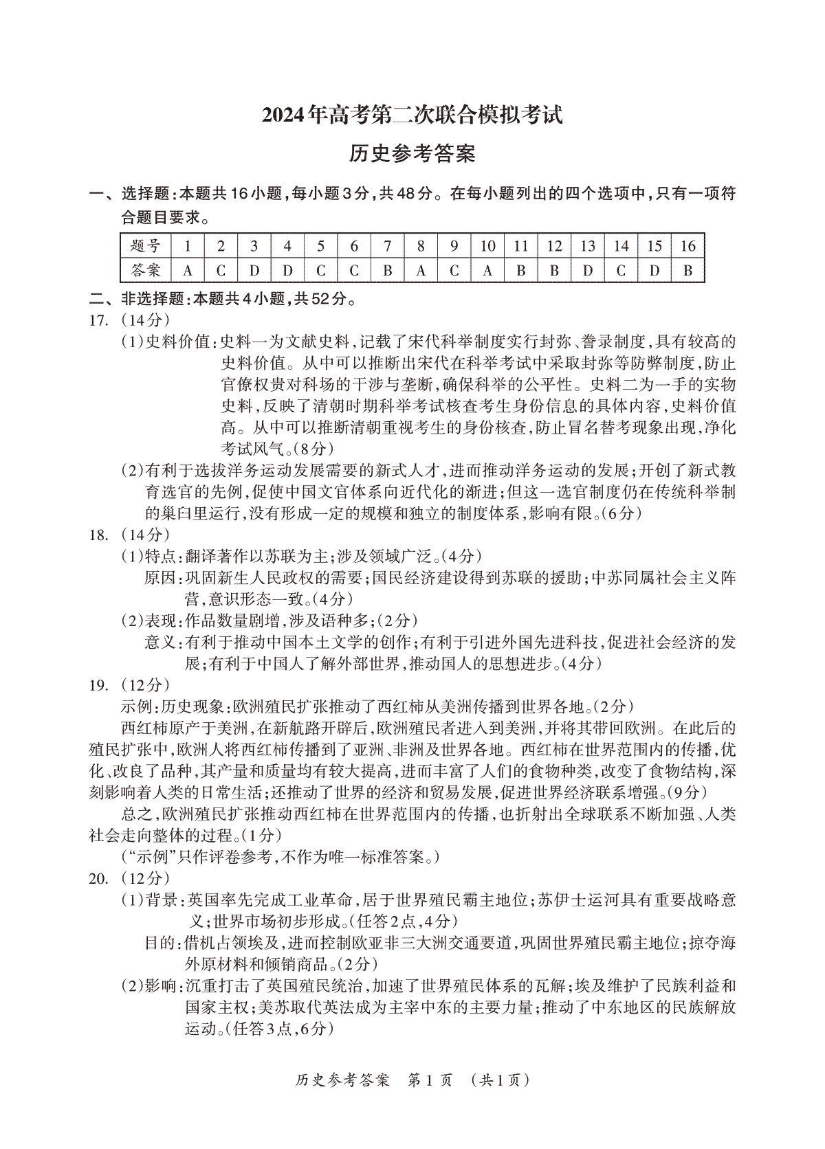 2024届广西部分市高三下学期第二次模拟考试历史答案