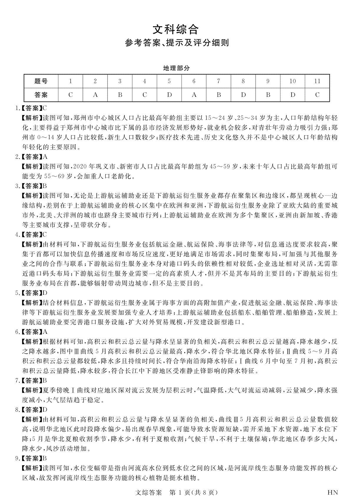 河南省八市重点高中2024届高三4月第一次模拟考试文科综合答案