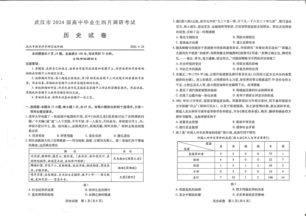 2024届湖北武汉四月调考历史试卷