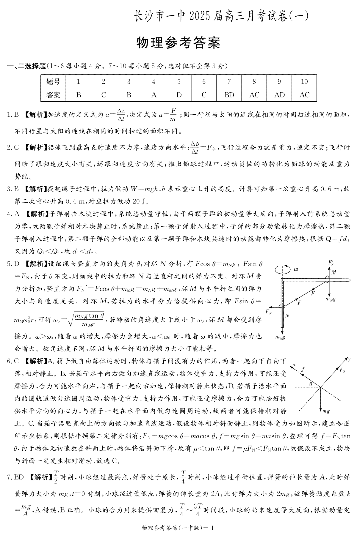湖南省长沙市第一中学2024-2025学年高三上学期月考卷（一）物理答案（25一中1）